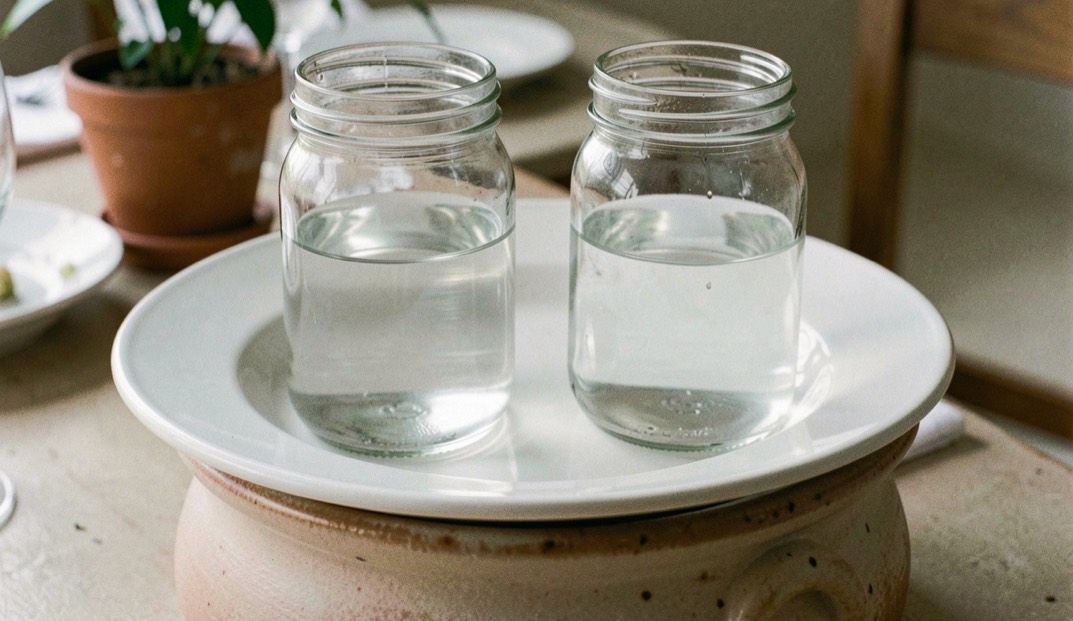 Two glass quart jars filled with water standing on a plain white dinner plate that presses down inside the mouth of a stoneware crock
