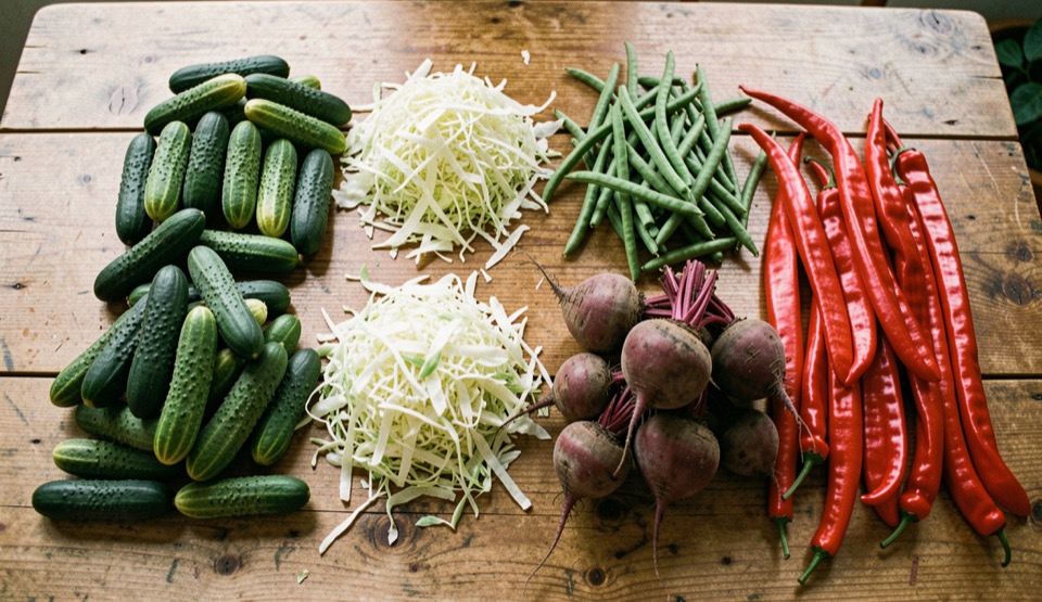 Long scrubbed wooden table seen from above carrying separate piles of pickling cucumbers, shredded cabbage, green beans, whole beets and long red peppers in flat daylight