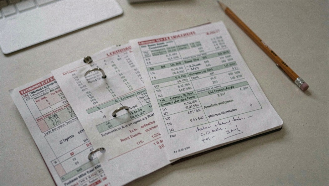 An open ring binder of printed extension leaflets lying on a plain desk beside a pencil, the pages showing tables of figures and a hand written margin note
