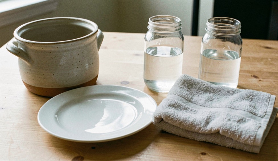 A stoneware crock, a white dinner plate, two water filled quart jars and a folded bath towel laid out together on a bare wooden table