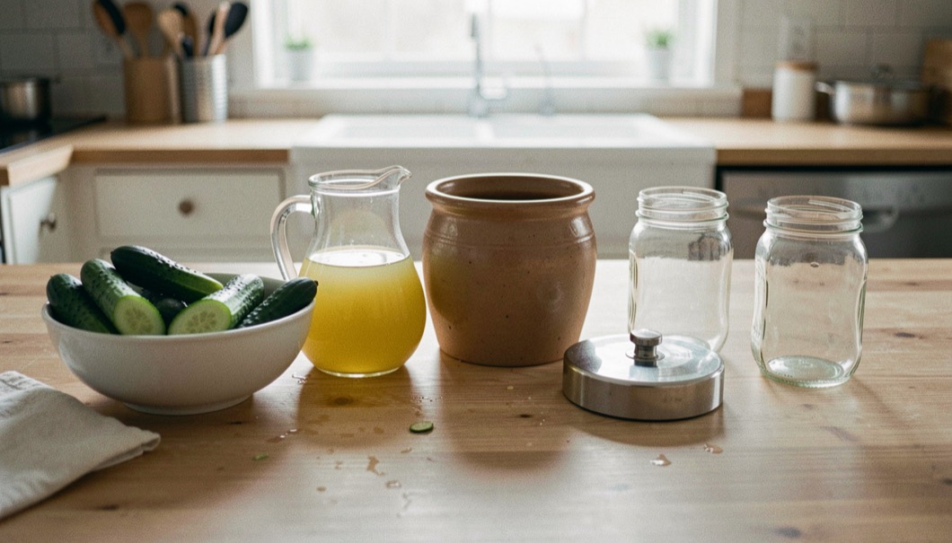 Kitchen worktop laid out in sequence with a bowl of washed cucumbers, a jug of brine, a stoneware crock, a plate weight and empty glass jars set in a row
