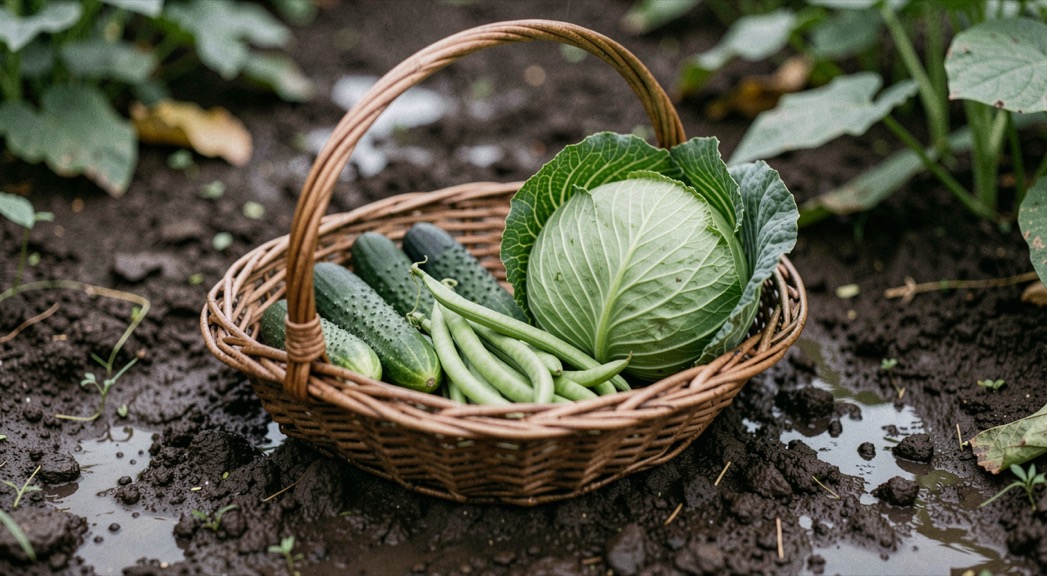 A shallow harvest basket on damp garden soil holding small cucumbers, young green beans and a firm cabbage head, all cut the same morning under grey light