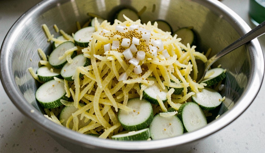 Coarsely grated yellow summer squash and green courgette piled in a wide stainless bowl with diced sweet onion and yellow mustard seed scattered over the top