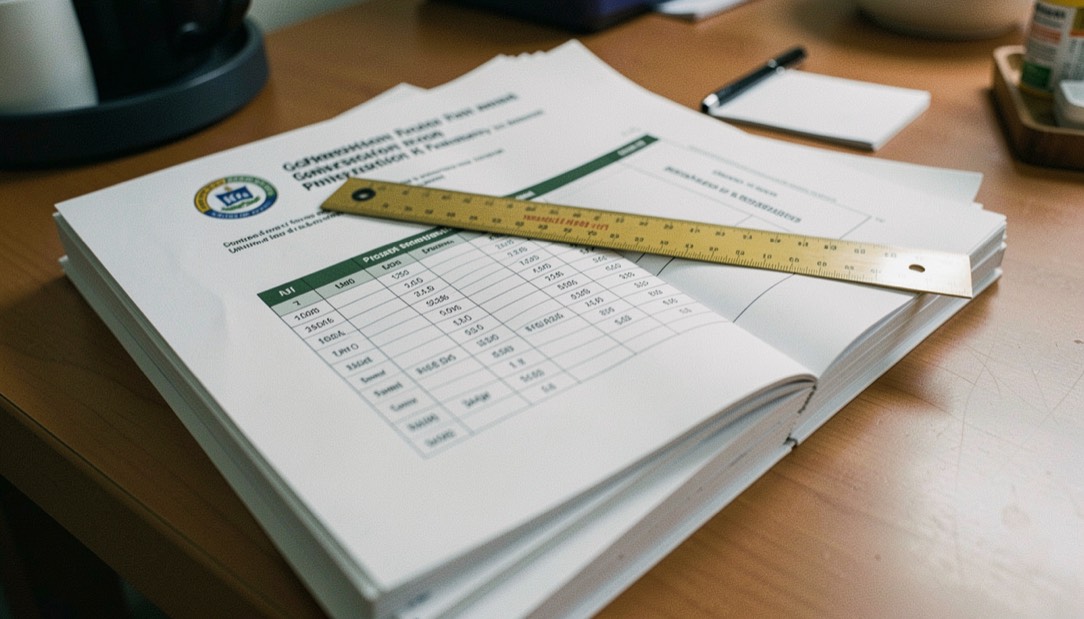 A stack of printed government and university food preservation bulletins on a desk, the top one open at a table of processing times with a ruler across the page